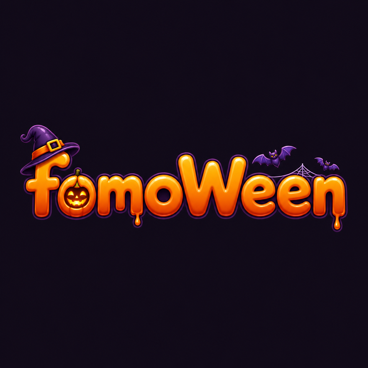 The original orange FOMOWEEN artwork with a witch hat, pumpkin, and purple bats